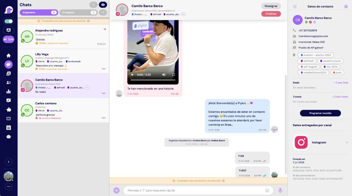 Bandeja real de Piyion con canales, conversaciones y datos del cliente